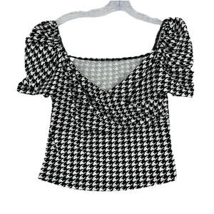 SHEIN Houndstooth Puff Sleeve Top XL Black White Square Neck Stretch